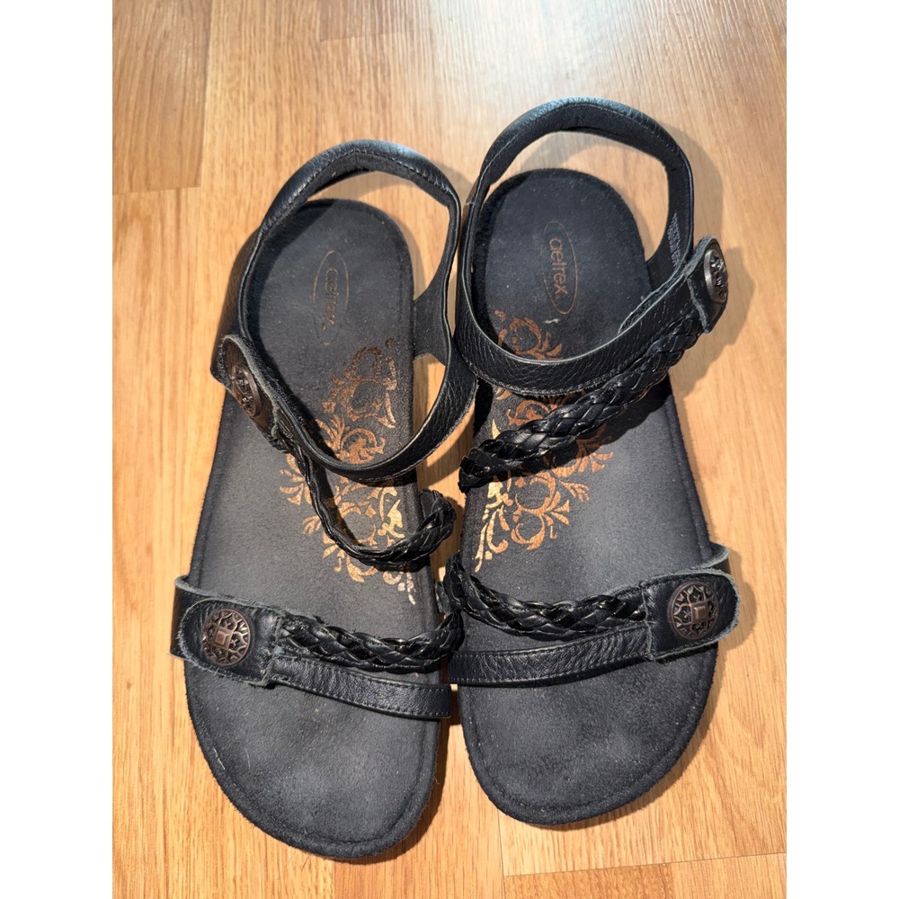 Aetrex SC450W Black Leather Braid Comfort Orthodic Sandal Women 9.5 Cork Midsole